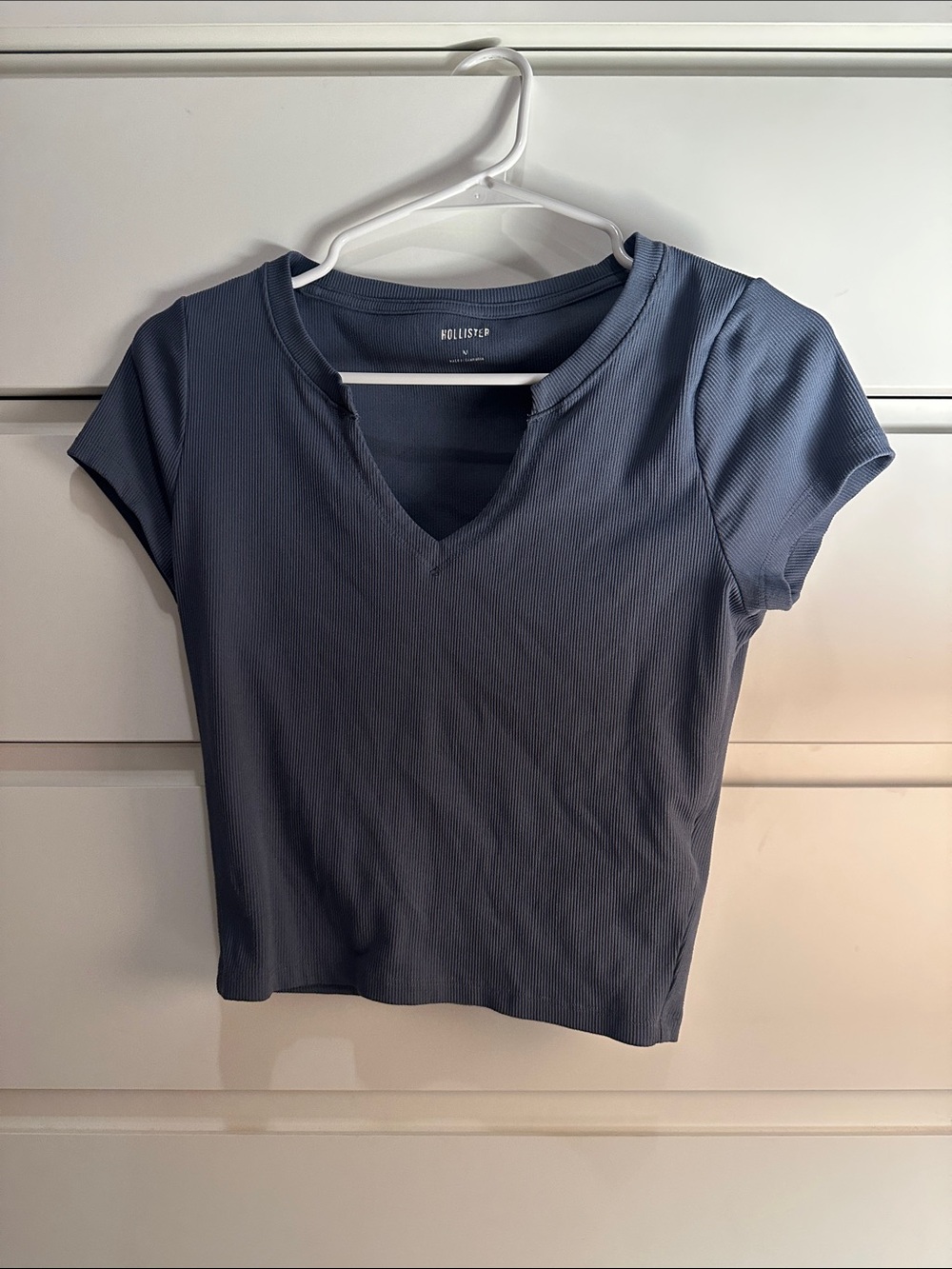 Hollister Ribbed Notch-Neck Short Sleeve Top — Slate Blue